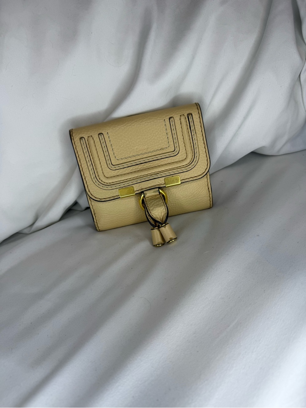 Chloe Cream Leather Tassel Wallet with Gold Hardware